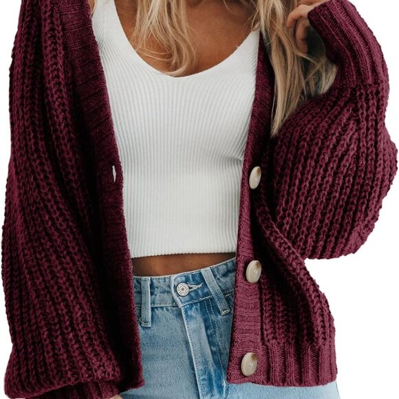 Women's Chunky Knit Open Front Sweater Long Sleeve Button Loose Short Cardigan O - Picture 1 of 8